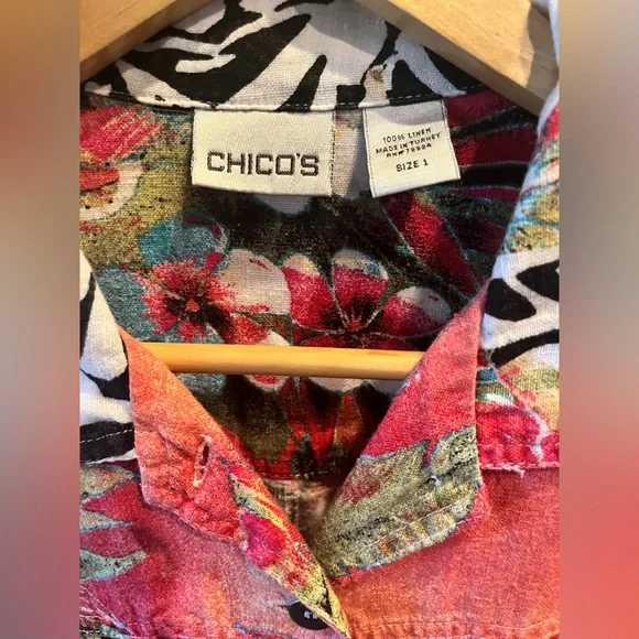 Chico's Multi-Color Tropical Floral 100% Linen Button-Up Shirt (NWOT) - Picture 9 of 11